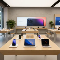 (mobiles and tablets on display on large tables in a wood and concrete flagship retail interior Samsung Microsoft Apple empty stools, verdant plants, colorful digital screens) muted colors, XF IQ4, 14mm, f/1.4, ISO 200, 1/160s, 8K, RAW, unedited, symmetrical balance, architectural photography, in-frame