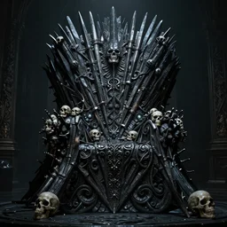 Throne of the Shadow King, high fantasy, gothic, skulls, malice, dark atmosphere, detailed, cinematic, ornate, intricate carvings, cinematic lighting, artstation, Greg Rutkowski, Marc Simonetti, H R Giger, octane render, 8k