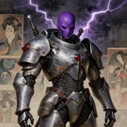 portrait of gothic and futuristic young mainem, warhammer, japan style cyber armor, a lot of scars, thunderstorm, purple head, heart instead of eyes, the middle ages, highly detailed, artstation, in the style of moebius, jugendstil and classic japanese print, art by jean delville