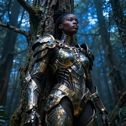 hyperrealistic expressive! black woman with detailed exoskeleton armor, merging with tree in a forest, digital art masterpiece hannah yata brad kunkle dramatic blue light low angle hd 8k sharp focus