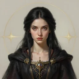 head-on symmetrical centered painted portrait, young woman D&D wizard, black hair, medieval robes, fantasy, intricate, elegant, highly detailed, digital painting, smooth, sharp focus, illustration, artstation, in the style of Artgerm and Anna Podedworna and Alex Ross