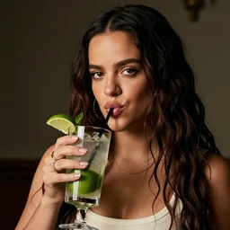 rosalia the spanish singer alone in image sipping a mojito