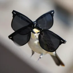 a bird with sun glasses, award winning, tilted frame, dutch angle, skewed shot