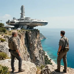 big scifi military base perched on a cliff overlooking a magnificient bay by jama jurabaev and pablo carpio
