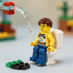 a lego figure of a man, sitting on a toilet with his pants down. there is a stream of lego bricks coming out of his behind