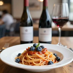 dslr food photograph of spaghetti and blueberries, 8 5 mm f 1. 4, depth of field, restaurant in the background, a bottle of red wine