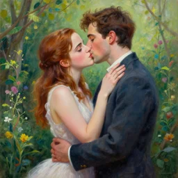 a painting of a george lopez and emma watson kissing in a garden, a detailed painting by anne stokes, deviantart, fantasy art, enchanting, detailed painting, fantasy