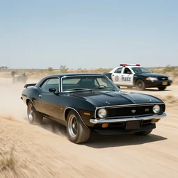 retro picture of a black camaro mach 1 being chased by a police car on a dusty road, sunny day