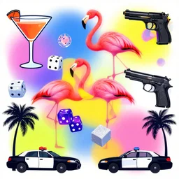 abstract photo collage of memphis graphic designs with cocktail glasses, flamingoes, dice, handguns, palm trees, police cars, cocaine bricks