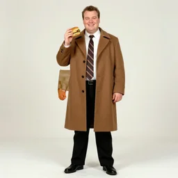 full length shot : : clean - shaven smiling white chubby italian american man in his 4 0 s wearing a long brown overcoat and necktie and black holding a burger, 2 0 0 6 advertising promo shot