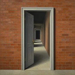 an open door to infinity in brick wall with endless hallway inside the door, painting by rene magritte, centered, high detail!!!, high resolution!!!