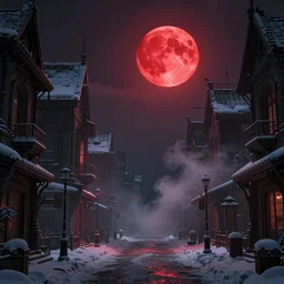 a snowy street, red moon, unreal engine, global illumination, smoke, detailed and intricate environment, mysterious, in the style of aetherpunk