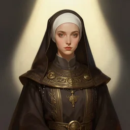 female monk girl, beautiful face, rule of thirds, intricate outfit, spotlight, by greg rutkowski, by jeremy mann, digital painting