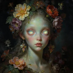 baroque neoclassicist close - up sci - fi portrait of a fantasy young alien girl overgrown with flowers and big glowing eyes. iridescence. dark black ominous background, glowing atmosphere. highly detailed science fiction fantasy painting by norman rockwell, frank frazetta, and syd mead. rich colors, high contrast, gloomy atmosphere. trending on artstation and behance.