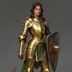 full body portrait of a female italian warrior medium length brown hair and a very highly detailed face wearing elegant golden plate mail armor with green and white cloth, holding a rectangular tower shield, very highly detailed, artstation, cgsociety, realistic character concept art, sharp focus, by michael komarck, greg rutkowski, artgerm, and alphonse mucha