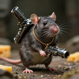 small bipedal rat!!!!!! carrying sci - fi fantasy alien gun, cinematic, portrait, shot on 7 0 mm, macro, [ wearing a golden necklace ], from the new sci - fi movie small rat saves the cheese, 8 k, f 1. 8 1 0 : 1 6!!! aspect ratio