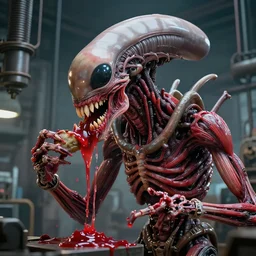 highly detailed anatomical biomechanical industrial factory made to chew objects, biomechanical xenomorph machine made of teeth red gums red sinew red muscle, disturbing biohorror saliva, cinematic 3 d render unreal engine, photorealistic, volumetric lighting, photographed by hr giger, rendered by hr giger, designed by hr giger