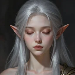 portrait of a young female dwarf with silver hair and light skin closed eyes fantasy artwork epic detailed and intricate digital painting trending on artstation by wlop octane render