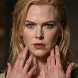 epic masterpiece nicole kidman, sweaty skin, hyperrealistic, octane render, cinematic, beautiful face and flawless skin, perfect hands, 5 fingers, by edgar maxence and ross tran and michael whelan, legends of runeterra