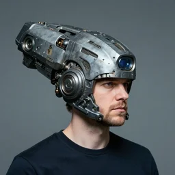 photography of a man with big sci - fi nuclear prosthetic device in the head