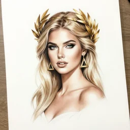 tattoo sketch of hot blonde super model as aphrodite greek goddess wearing a gold laurel wreath and triangle earrings, beautiful piercing gaze with sharp pupils, in the style of greg rutkowski, fantasy, amazing detail, epic, elegant, smooth, sharp focus, front view
