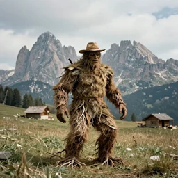 1940s photography of eerie landscape in the dolomites, farmer transformed into root and hay monster