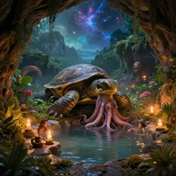 fantasy fairytale story, great leviathan, hybrid, cyborg, turtle, cephalopod, reptilian, squid, terrapin, cthulhu, magical universe, cozy, hot springs, cave, forest, candlelight, natural light, lush plants and flowers, mountains, luminous stellar sky, celestial fantasy, atmospheric lighting, hyper realistic, golden hour, jessica rossier, michael cheval, michael whelan, unreal engine