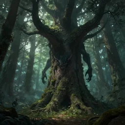 an evil creature lurking behind a giant tree in the middle of a strange forest, wlop, concept art, digital painting, trending on artstation, highly detailed, epic composition, 8 k uhd