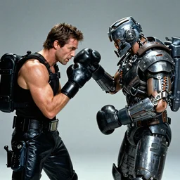 mech boxing touching face, cinematic still from rocky series and pacific rim movie and miketyson, two tactical mech boxing, two boxing tactical mech, studio lightning