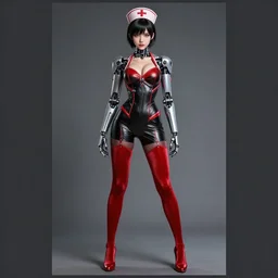 girl wearing robotic suit, high detail, nurse's leather suit, in red velvet stockings, red bra, high shoes, full length, very anime, fine - face, audrey plaza, realistic shaded perfect face, fine details. anime. realistic shaded lighting poster by ilya kuvshinov katsuhiro otomo ghost