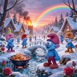 spring festival at smurf village, ornate, beautiful, atmosphere, vibe, mist, smoke, fire, chimney, rain, wet, pristine, puddles, waterfall, melting, dripping, snow, creek, sunset, rainbow, ice, bridge, stew, loaves, stained glass, forest, roses, flowers, color page, 4 k, rembrandt