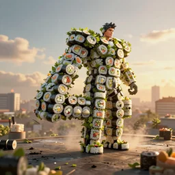 man made out of sushi rolls, 4k, ultra details, cinematic, epic style, beautiful photo, hyper realistic, octane render, unreal engine, award winning, on artstation, volumetric lightning, masterpiece, golden hour,