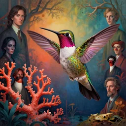 mixed media, a brutalist designed, vivid colours, cryptic, hummingbird, mysterious, dramatic, coral, hummingbird, mysterious, pop surrealism ， by james jean, roby dwi antono, ross tran, steven kenny, paul neberra, rene francois ghislain magritte, atmospheric, trends at artstation. unreal engine, 8 k masterpiece