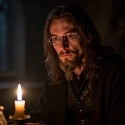 skinny, cautious, paranoid 7 0 years old alchemist ( christopher lee with a long goatee and with scissor glasses ), looks around in a dark medieval inn. close up, ( ( dark shadows ) ), colorful, candle light!, law contrasts, fantasy concept art by jakub rozalski, jan matejko, and j. dickenson