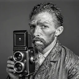 photo of vincent van gogh with a mechanical jaw by diane arbus, black and white, high contrast, rolleiflex, 5 5 mm f / 4 lens