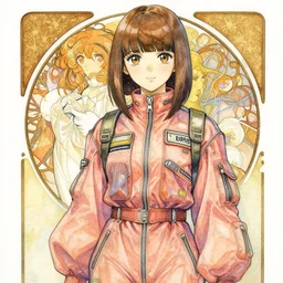 a watercolor portrait illustration by sui ishida and alphons mucha of an anime girl as motoko kusanagi highly detailed anime eyes wearing streetwear clown pilot suit lots of zippers, pockets, synthetic materials, jumpsuits by issey miyake and balenciaga 8 k
