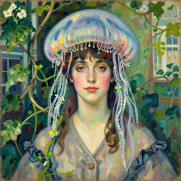 vintage beautiful painting of a beautiful woman wearing a jellyfish hat in an overgrown sanatorium full of vines and plants  in Mary Cassatt style