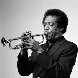 photo of miles davis blowing trumpet by diane arbus, black and white, high contrast, rolleiflex, 5 5 mm f / 4 lens
