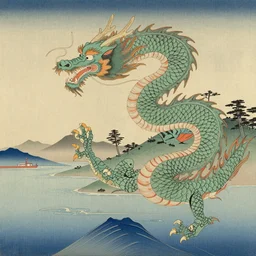Coherent Edo period art of a dragon above a seashore landscape