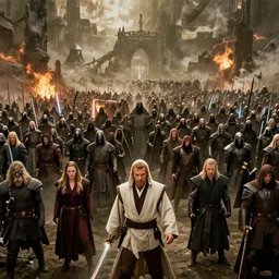huge army of jedi vs sith : : lord of the rings epic battle : : zack snyder style : : cinematic, 8 k hdr, detailed, hyperrealistic, unreal engine 5 rendering