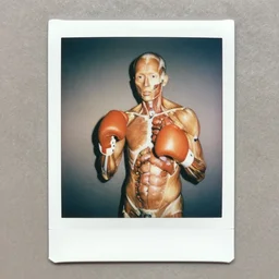 polaroid photo of body worlds boxing, human anatomy, gross anatomy, dissection