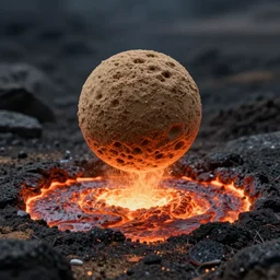 A sphere made of sand levitating over a big puddle filglowing lava