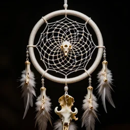 a dreamcatcher made out of bones, studio photography, black background, faint glow, volumetric