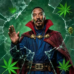 snoop dogg as doctor strange, multiple dimensions, broken glass, green light, marijuana leaves, marijuana, highly detailed, film still, new avengers movie, 4 k,