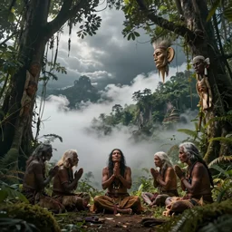 ancestors protecting a shaman praying in the jungle, old faces in the clouds, art by christophe vacher