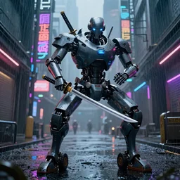 a samurai robot with wheel legs gripping a perfectly detailed katana in their hand with a badass pose. Rainy Grungy neon cyberpunk alleyways in the background Badass pose , Photo realistic , Gregory Crewdson , Award winning. Masterpiece, exquisite detail, post processing