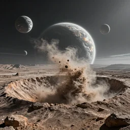 large dust particles flying around seen from the surface of an alien planet crater, multiple moons in the sky, concept art, detailed futuristic matte painting