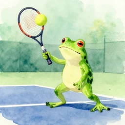 a frog playing tennis, watercolor painting