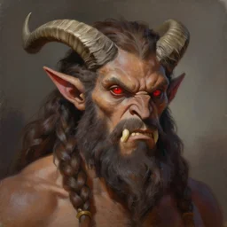 painting of goliath, braided hair and beard. Brown skin. Red eyes. Elf ears, horns Portrait. Craig mullins. Orc teeth. ArtStation