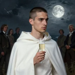 portrait of a ( ( ( champagne ) ) ), ( ( bellaco joven hombre cubano ) ), white cloak, tormenta y magia, la luna, pelo buzzed, concept character, by greg rutowski and oi and mucha and bierstadt and remington, trending on artstation